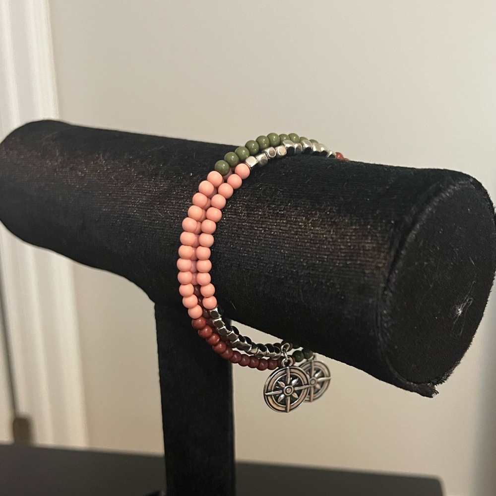 Pink and Green Beaded Bracelet with Silver Charm